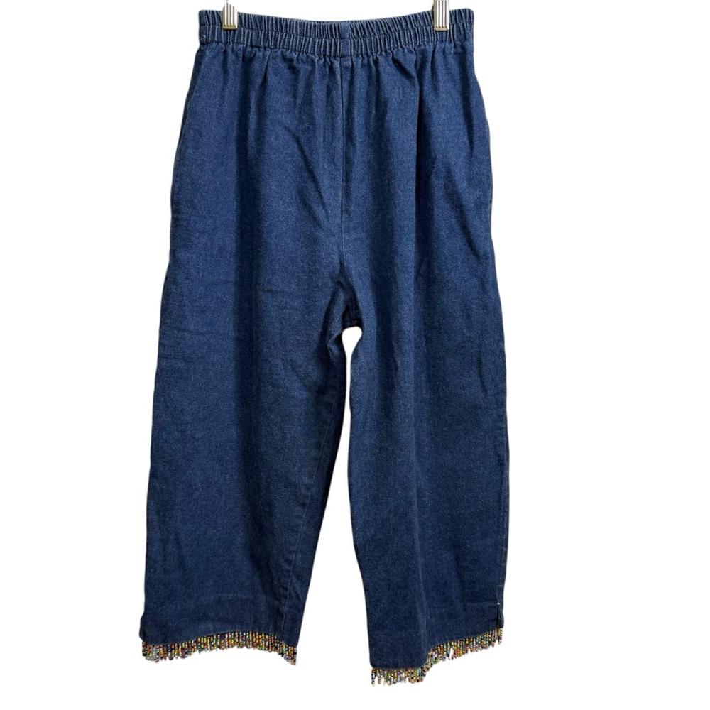 Vintage Cactus Flower Denim Capris Blue Beaded Hem Made in the USA Size M